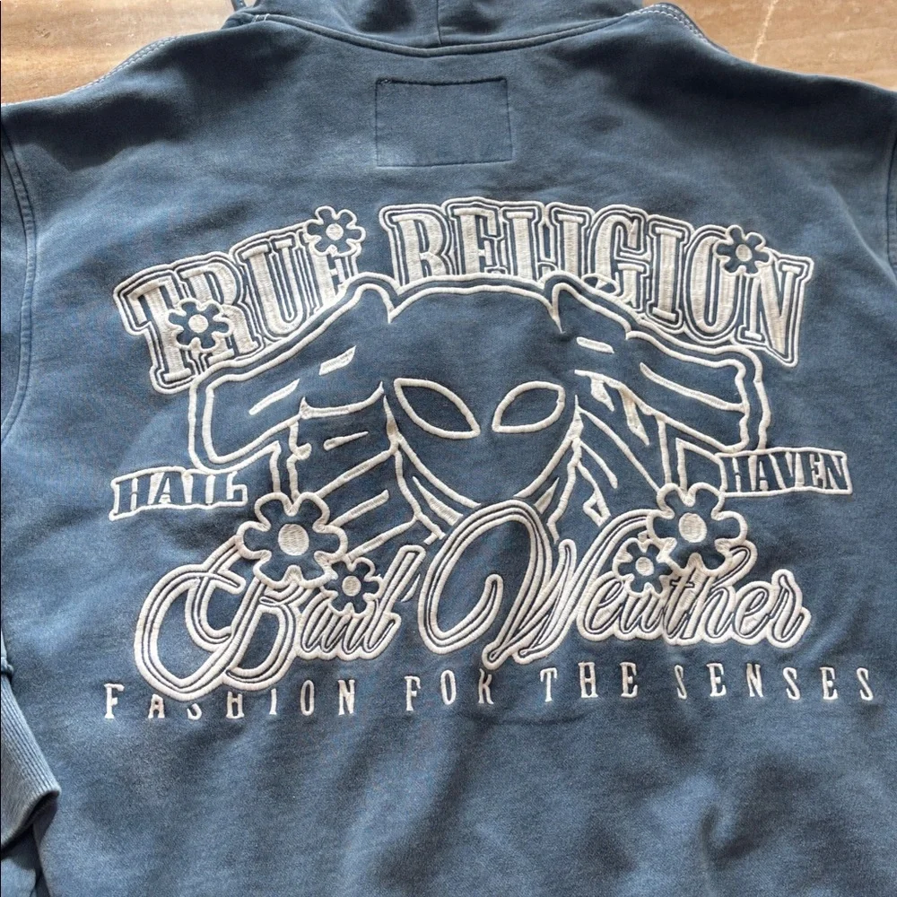 True Religion Blue Hoodie with Embroidered Logo. Unisex